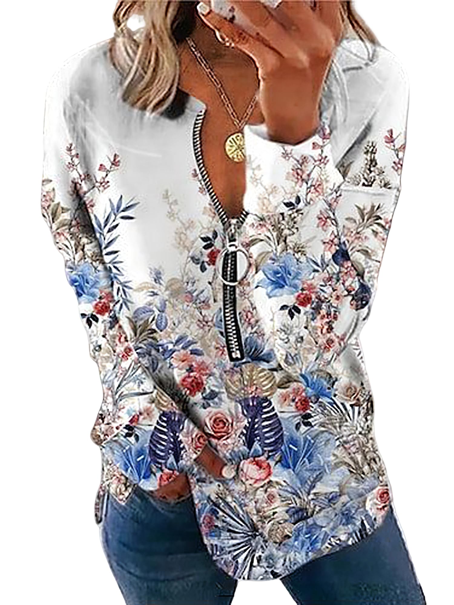 TIAFORD Women's Half Zip Cow Print Sweatshirt Long