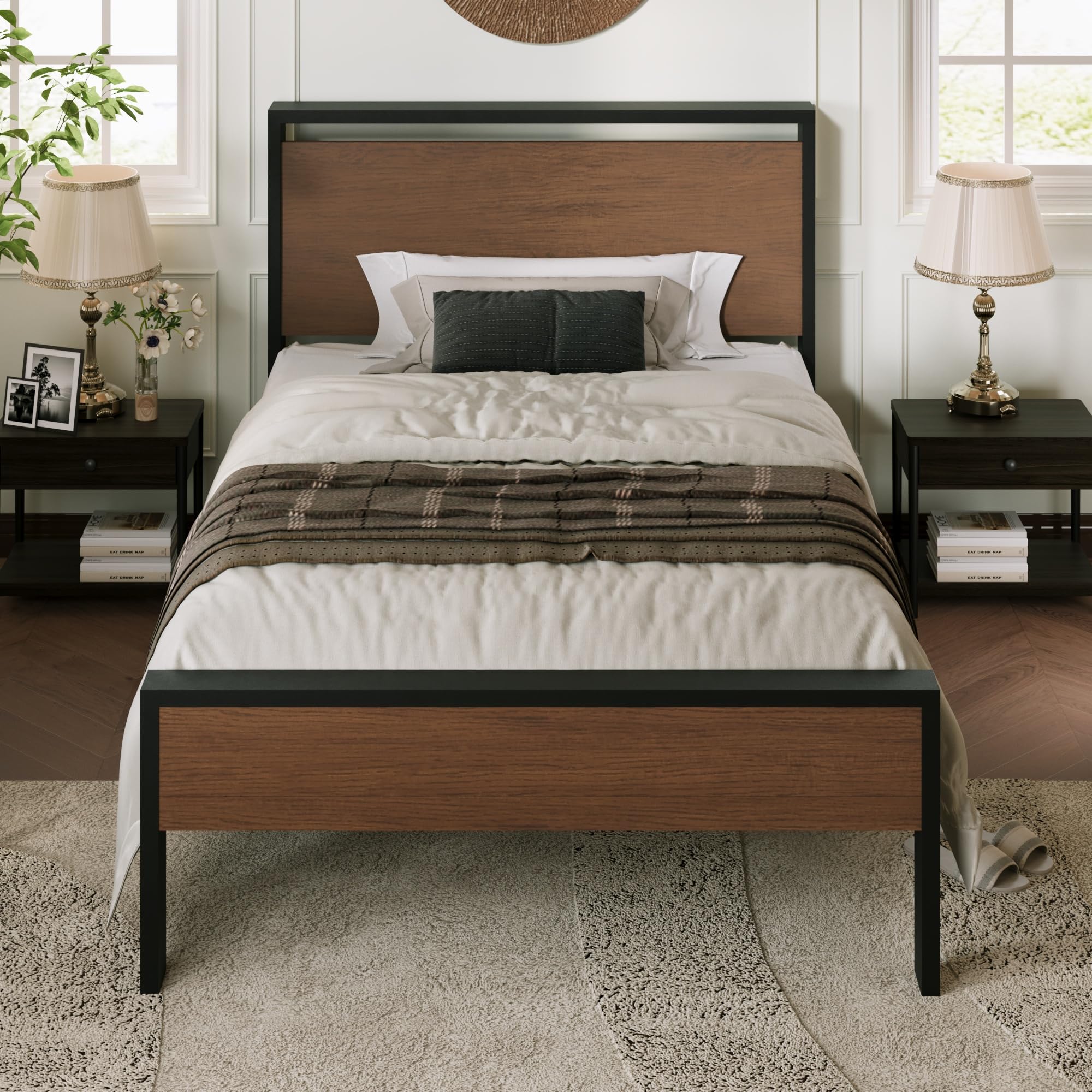 Allewie Twin Size Platform Bed Frame with Wooden Headboard and Footboard, Heavy Duty Metal Slats Support, No Box Spring Needed, Under-Bed Storage, Noise Free, Easy Assembly, Walnut Image Allewie Twin Size Platform Bed Frame with Wooden Headboard and Footboard, Heavy Duty Metal Slats Support, No Box Spring Needed, Under-Bed Storage, Noise Free, Easy Assembly, Walnut Image