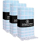 Softopia Cotton Matrix Dobby Kitchen Towels 12 Pack, 100% Cotton, 16x26 Inches, Handmade Knotted Tassel Tea Towels, Reusable & Absorbent Wash Rags for Drying and Cleaning - Aqua Blue, White