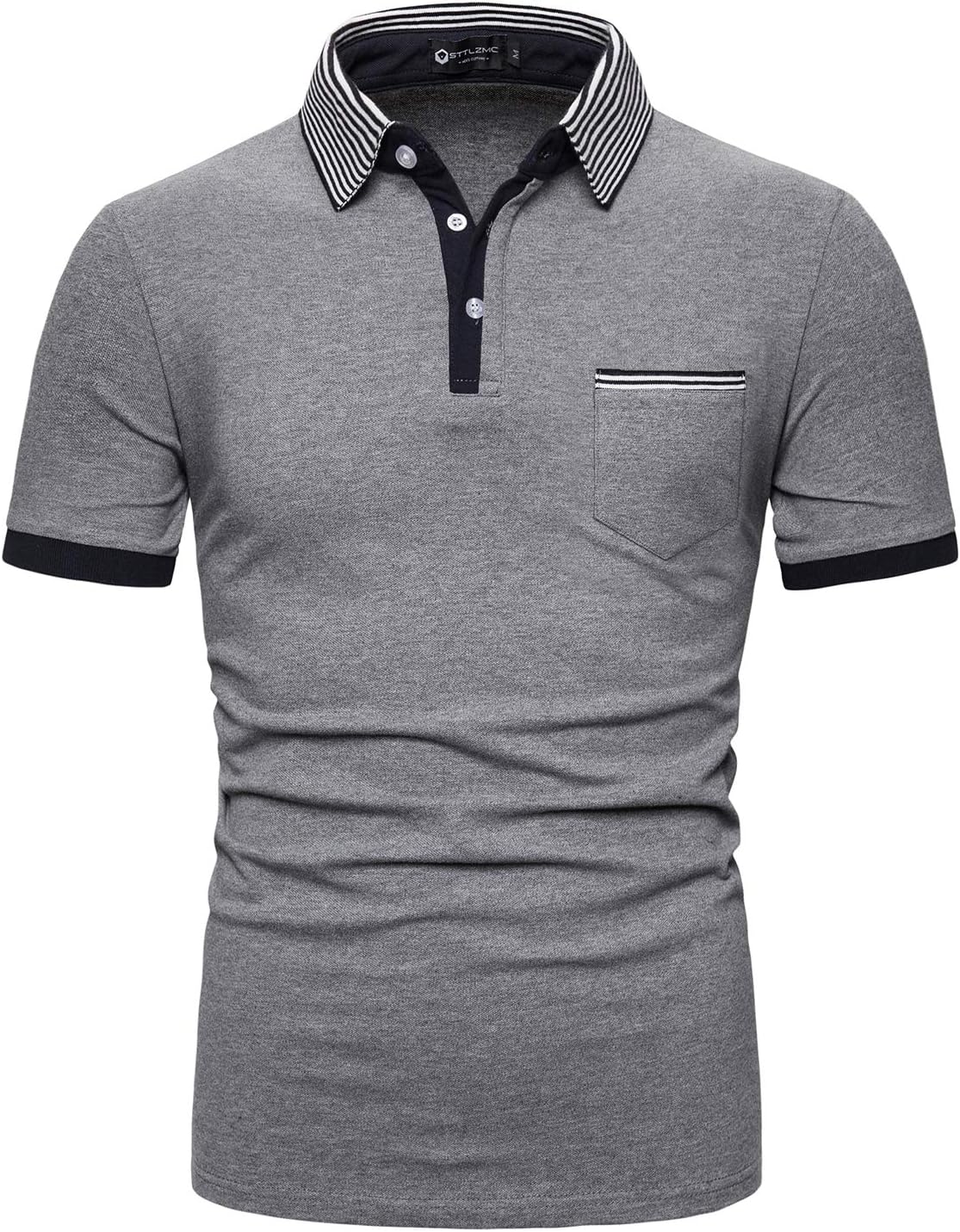 STTLZMC Men's Casual Polo Shirts Short Sleeve Striped Collar Cotton with Pocket T-Shirts