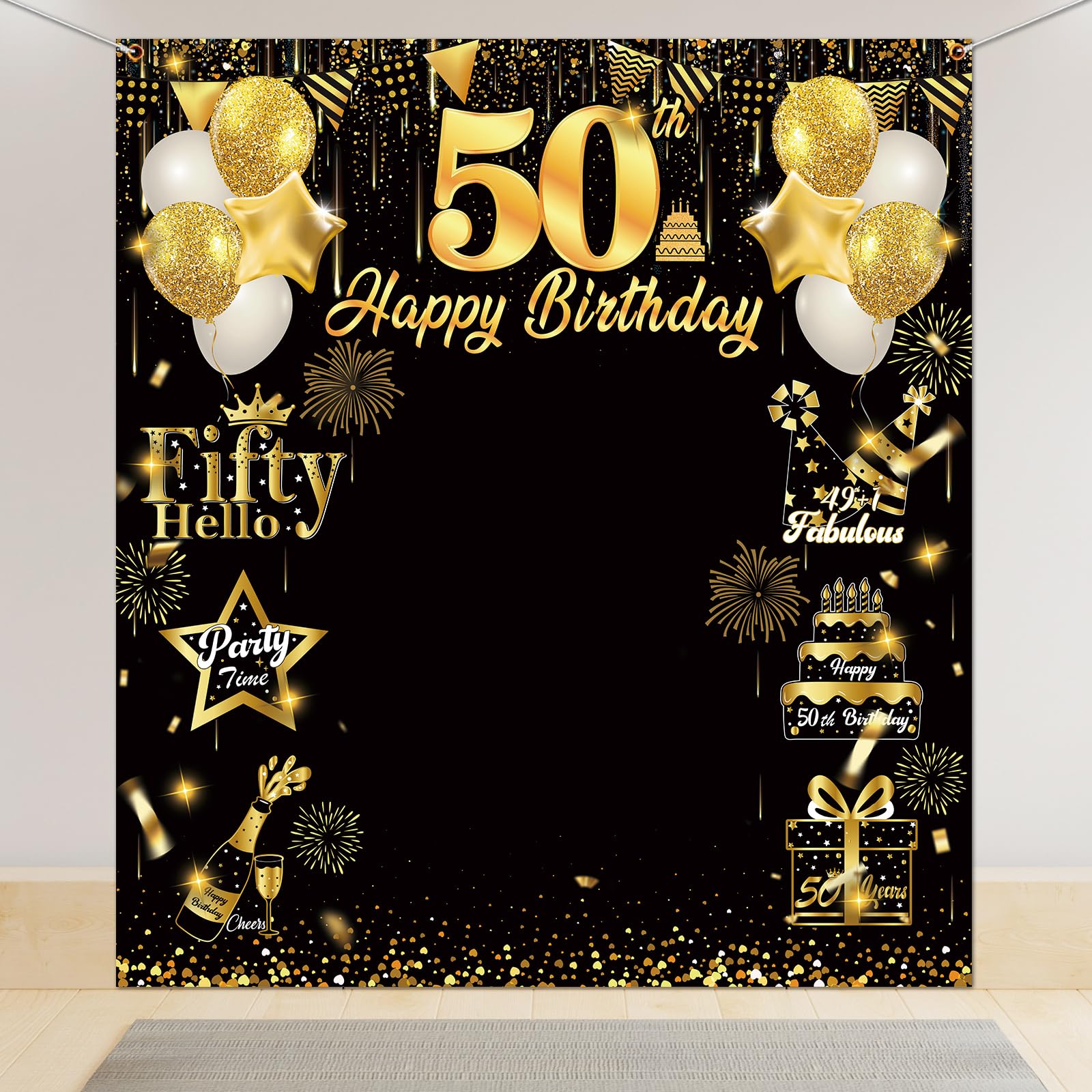 Photo 1 of 50th Birthday Banner, Large Photo Booth Backdrop - Black & Gold Fifty Birthday Decorations