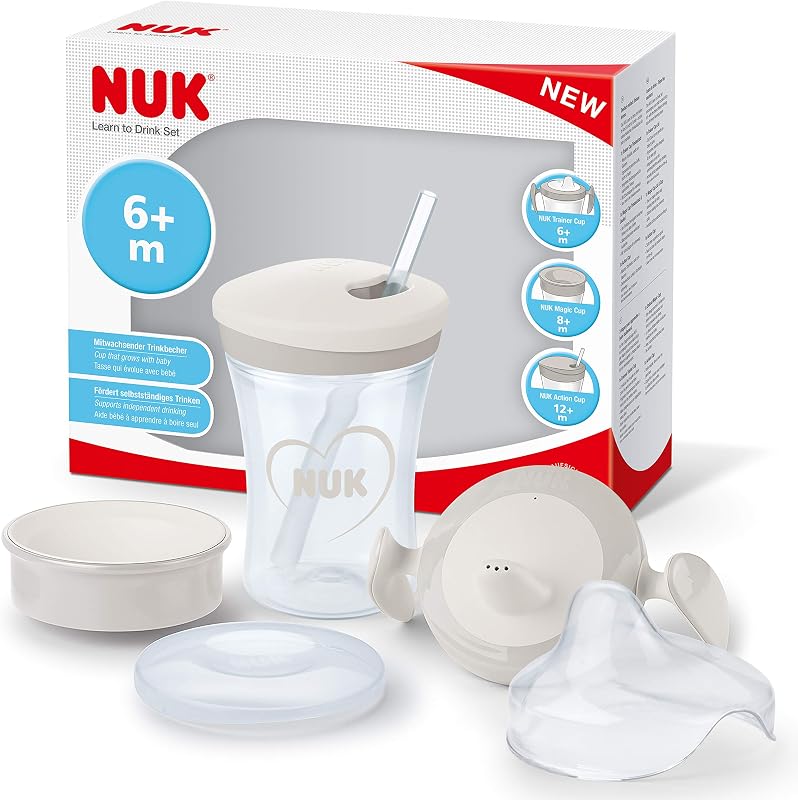 Learn to Drink Set con biberón Trainer Cup (6M+), Taza para sorber Magic Cup 360° (8M+) y taza para niños Action Cup (12M+), 230 ml, sin BPA, Gris y blanco