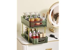 colorsmoon 2-Tier Makeup and Skincare Organizers for Vanity, Large Perfume Organizer, Pull-out Bathroom Organizers and Storage with 4 Removable Dividers for Bath, Bedroom, Cabinet, Gem Green