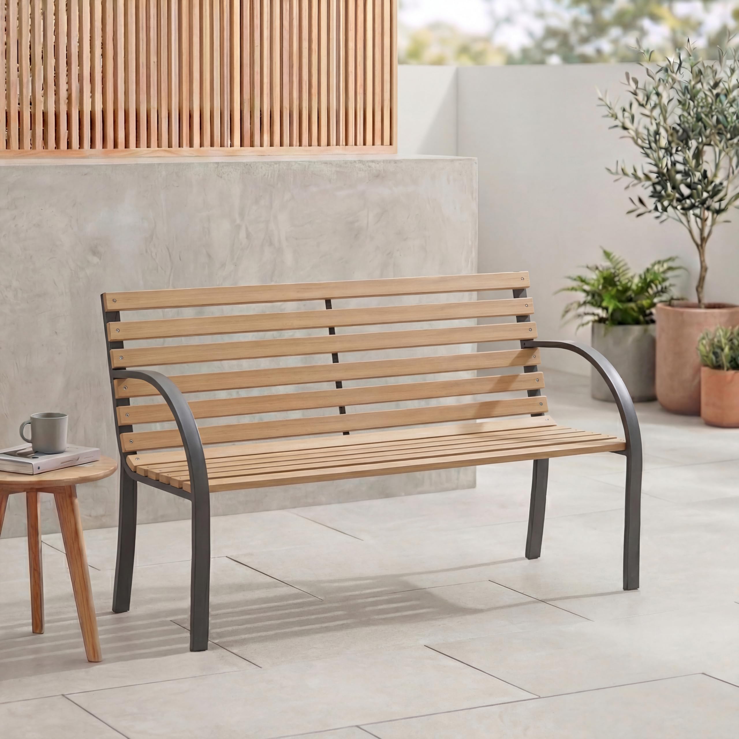 Garden Vida Slatted Garden Bench Wooden Seater Outdoor Furniture Seating Wood Slats Steel Legs Park Patio Seat