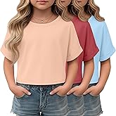 Oakgarden 3 Pack Girls Crop Tops Rolled Short Sleeve T Shirts Crewneck Knit Kids Drop Shoulder Summer Teen Tees 5-14 Years