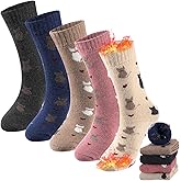 Twistover 5 Pairs Wool Cat Socks for Women Valentines Day Cute Cat Heart Gifts Thermal Winter Warm Thick Terry Cotton Knit Crew Socks Vintage Funny Gifts for Mom Pet Lovers
