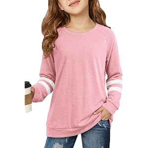 Humordream Girls Long Sleeve Shirts Color Block Crew Neck Casual Loose Striped Tunic Tops 5-14 Years