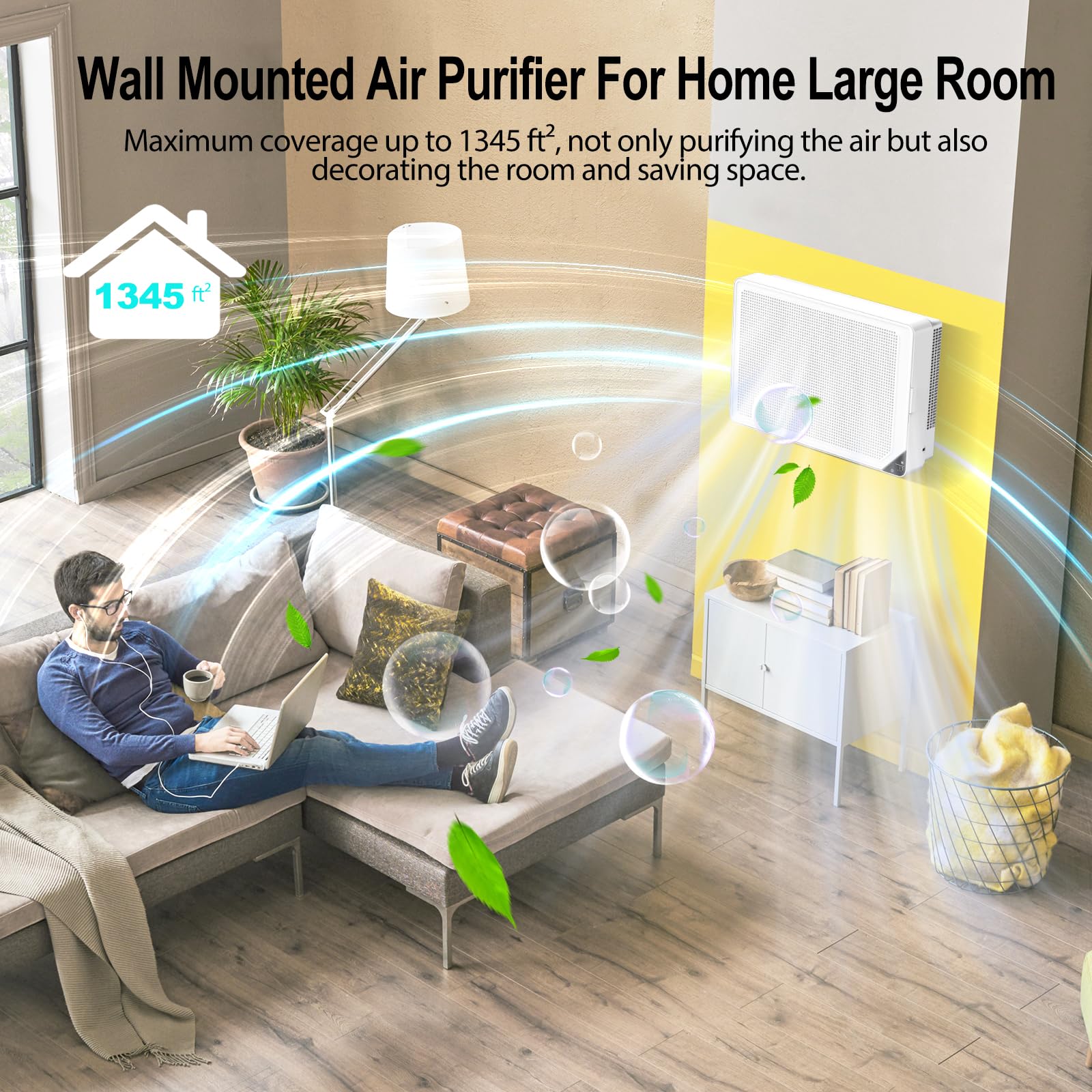 Air Purifiers for Home Dust Pollen Pets Hair in Bedroom, Wall Mounted HEPA Air Purifier for Home Large Room Covers Up to 1345 sq.ft, Sleep Mode, Auto Mode, WiFi/Remote Control, Timer