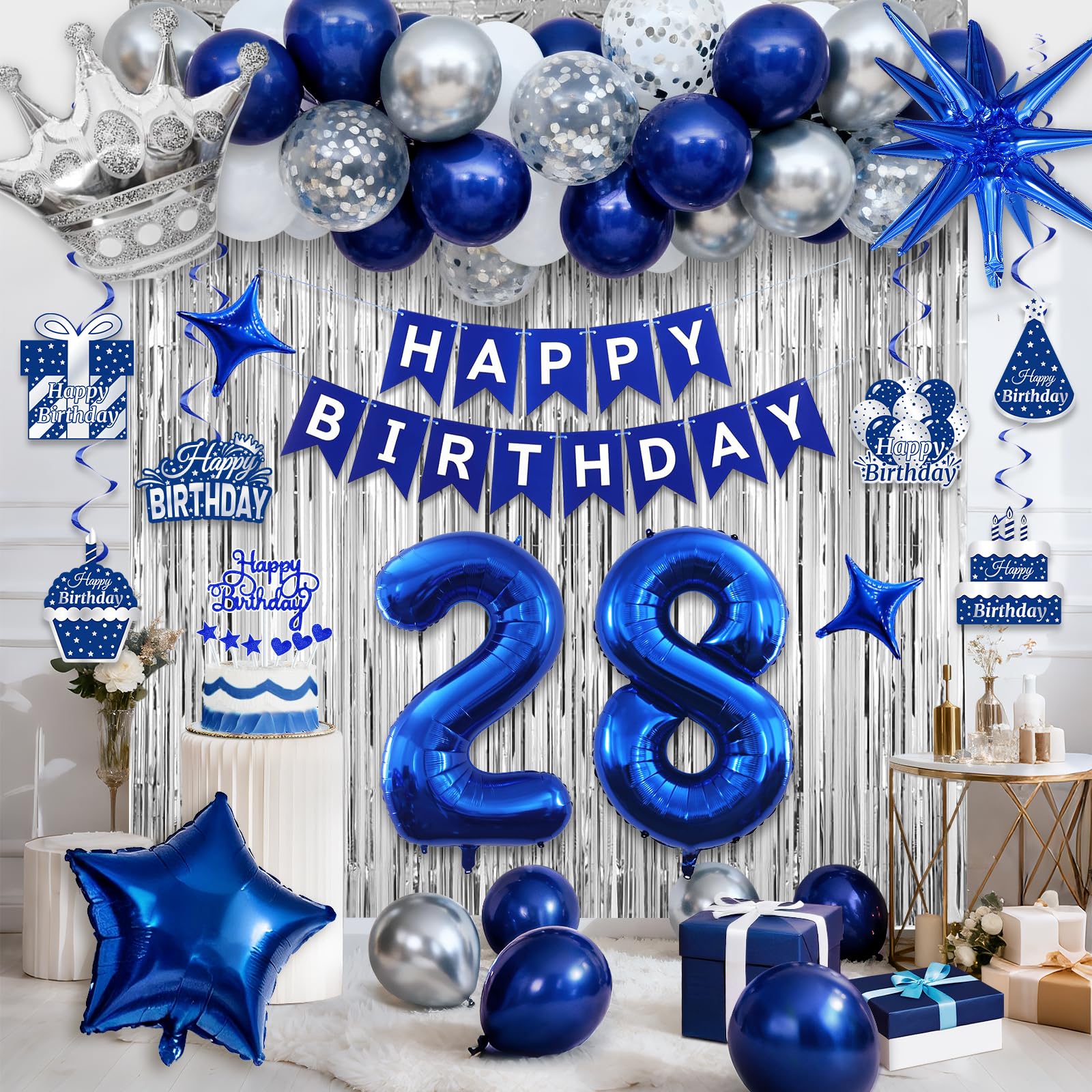 Photo 1 of 28th Birthday Decorations, Blue and Silver Happy Birthday Decorations for Boys Girls, Navy Blue 28th Birthday Party Packs with Banner Balloons Silver Fringe Curtains Foil Balloons