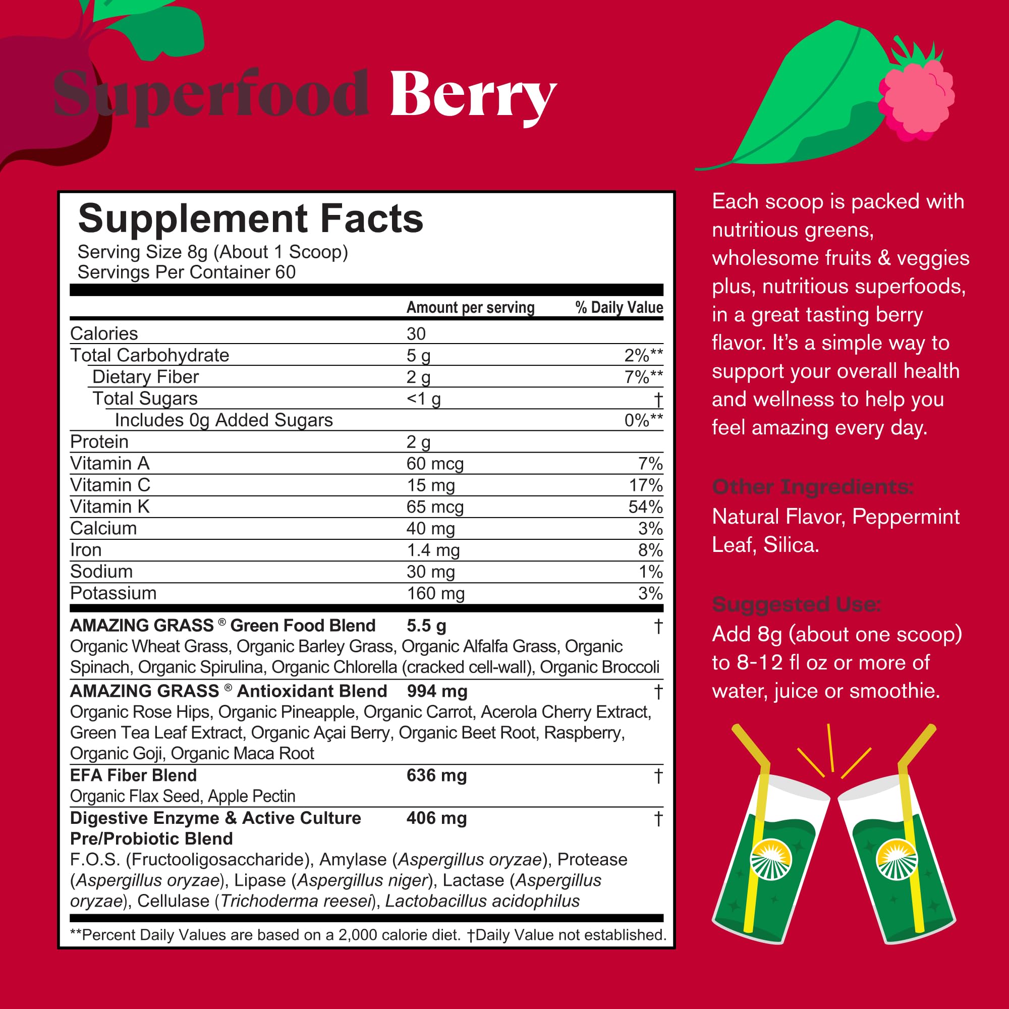 Amazing Grass Greens Blend Superfood: Super Greens Powder Smoothie Mix with Spirulina, Chlorella, Beet Root Powder, Digestive Enzymes & Probiotics, Berry, 60 Servings (Packaging May Vary)