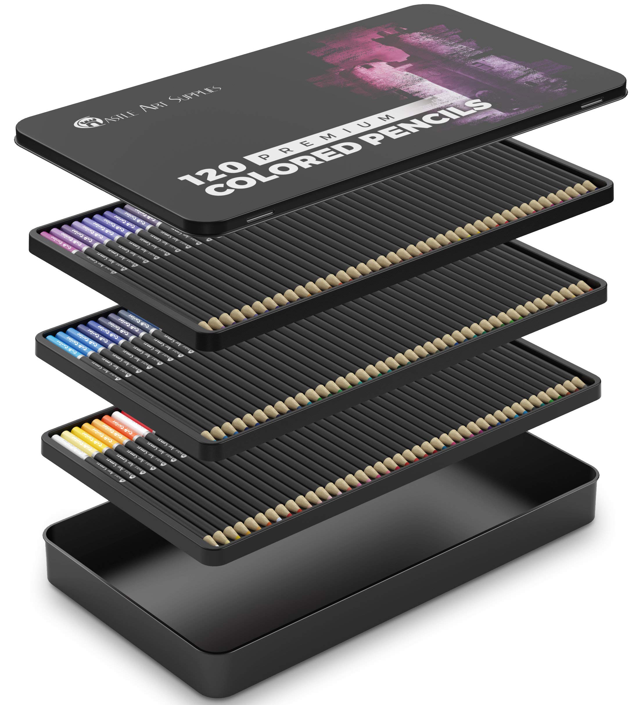 Castle Art Supplies 120 Colored Pencil Set for artists, featuring 'soft