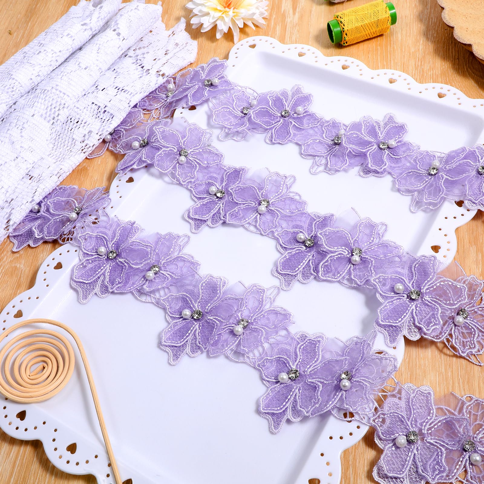 Photo 1 of 2 Yards Organza Flower Trim, 3D Pearl Beads Flower Lace Trim Embroidered Sewing Lace Appliqué for Sewing DIY Crafts (Purple)
