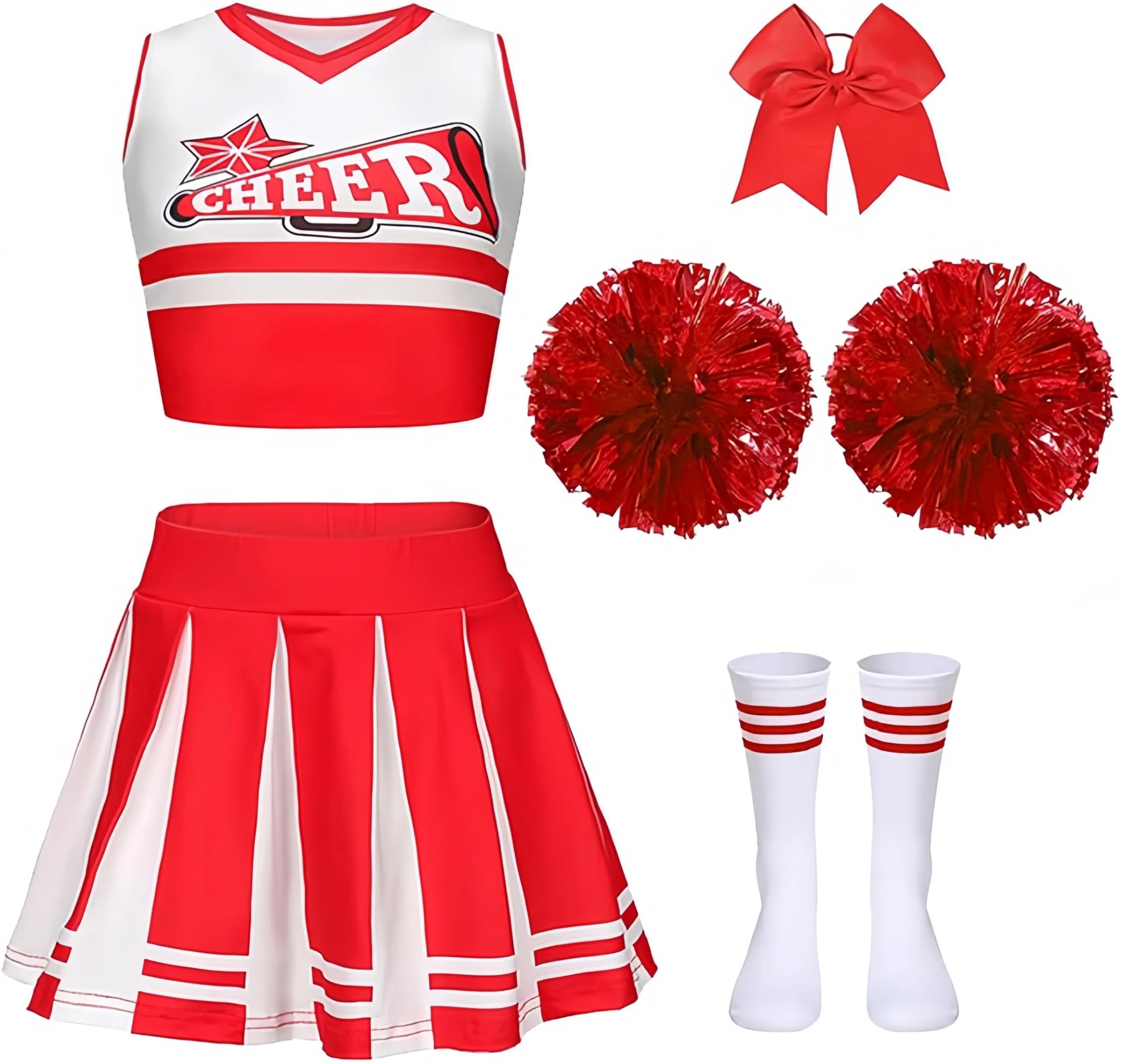 Gekyve Girls Cheerleading Costume for Kids – Cheer Uniform with Pom Poms, Socks & Hair Bow, Sleeveless Cheer Outfit for School Sports Events, Carnival, Masquerade & Halloween Dress Up