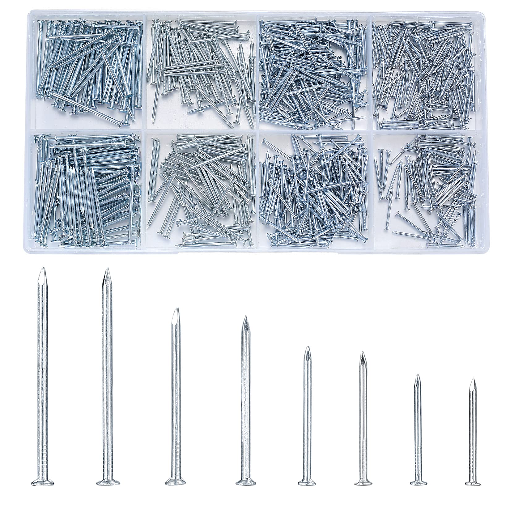 720 Pcs Assorted Nails for Wood, Flat Head Nails, Silver Hardware Wall Pictures Pins Tacks Set, Finishing Nail Assortment Fasteners for Hanging Picture Frame Mirror Construction