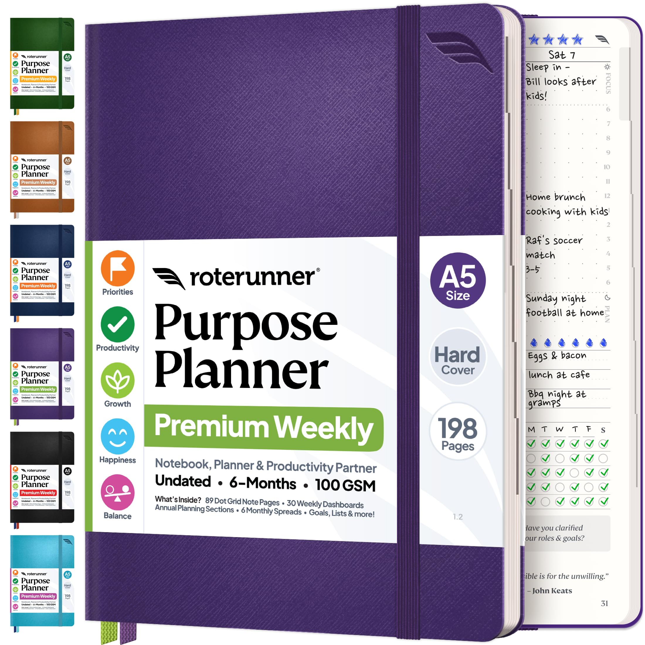 Purpose Planner A5 Undated Monthly Weekly Daily Productivity Journal 2024 Life Health Goal Setting Business Tool for Professionals Moms Academic Student Organizer Notebook (5.8"x8.3" Purple Hardcover)