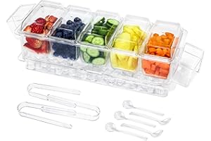 IVYHOME Chilled Condiment Server, Taco Bar Serving Set, Versatile Ice Containers, with 5 Lidded Containers and Detachable Ice Storage Layer, 2 Hanging Cups for Storing Tong and Forks