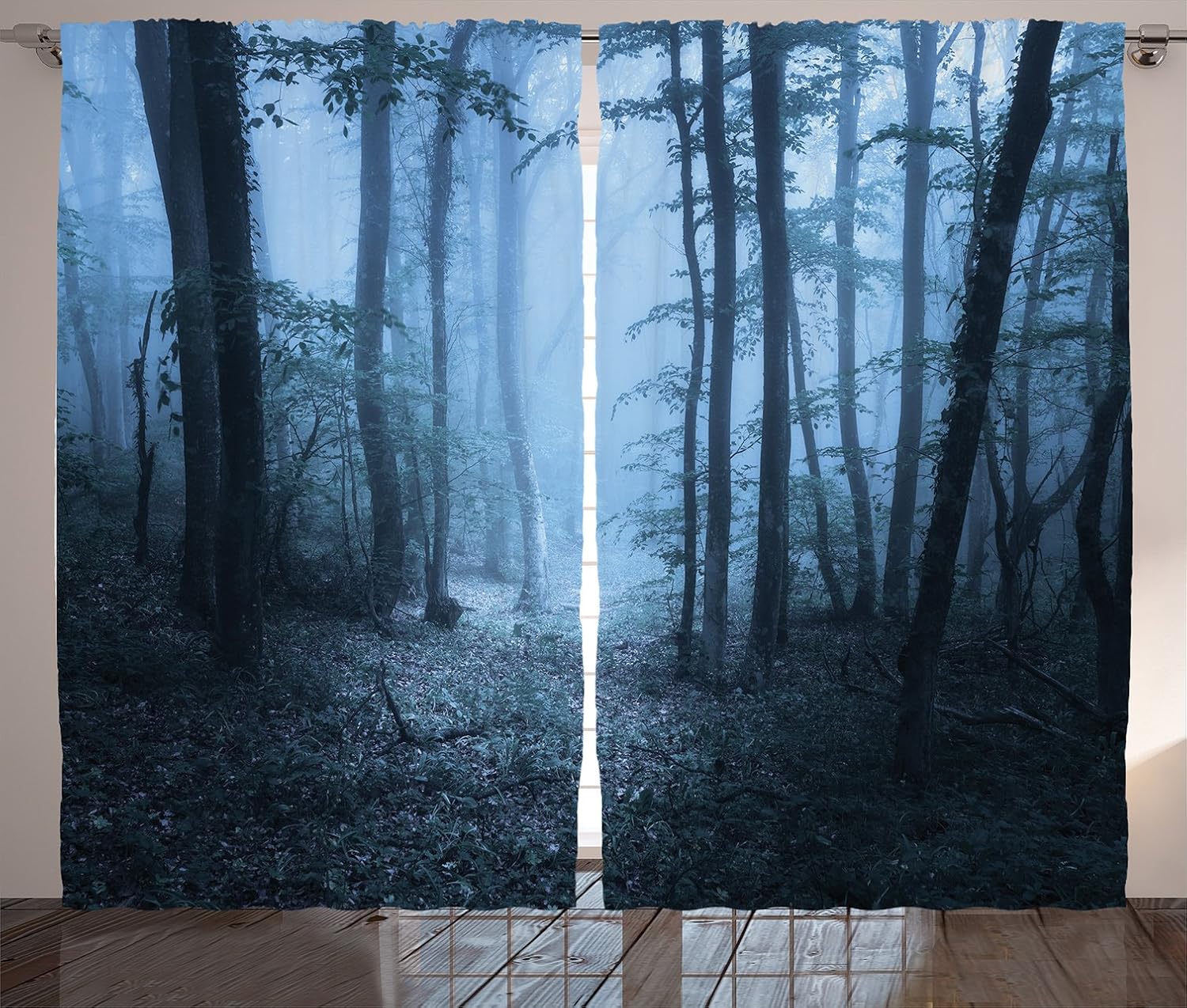 Amazon Com Ambesonne Forest Curtains Mysterious Forest Foggy Spooky Atmosphere Wet Humid Fantasy Nature Scene Living Room Bedroom Window Drapes 2 Panel Set 108 X 90 Blue Hunter Green Home Kitchen