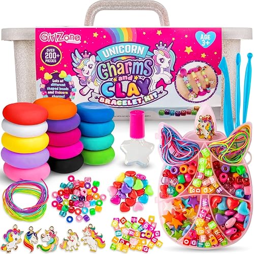 GirlZone Unicorn Charms and Clay Bracelet Kit, Jewellery Making Kit with Unicorn Charms and Clay to Make Kids Bracelets for Girls, Craft Kits for Kids