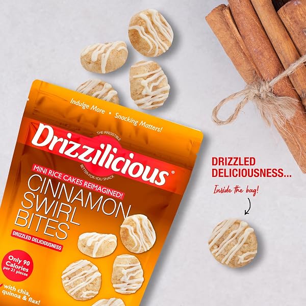 DRIZZILICIOUS MINI FLAVORED RICE CAKES CINNAMON SWIRL – RICE CRISPS, HEALTHY SNACK FOR ADULTS AND KIDS, VEGAN, GLUTEN FREE SNACK, ALLERGEN FREE, ONLY 90 CALORIES PER 21 PIECES – 4 OZ (PACK OF 1)