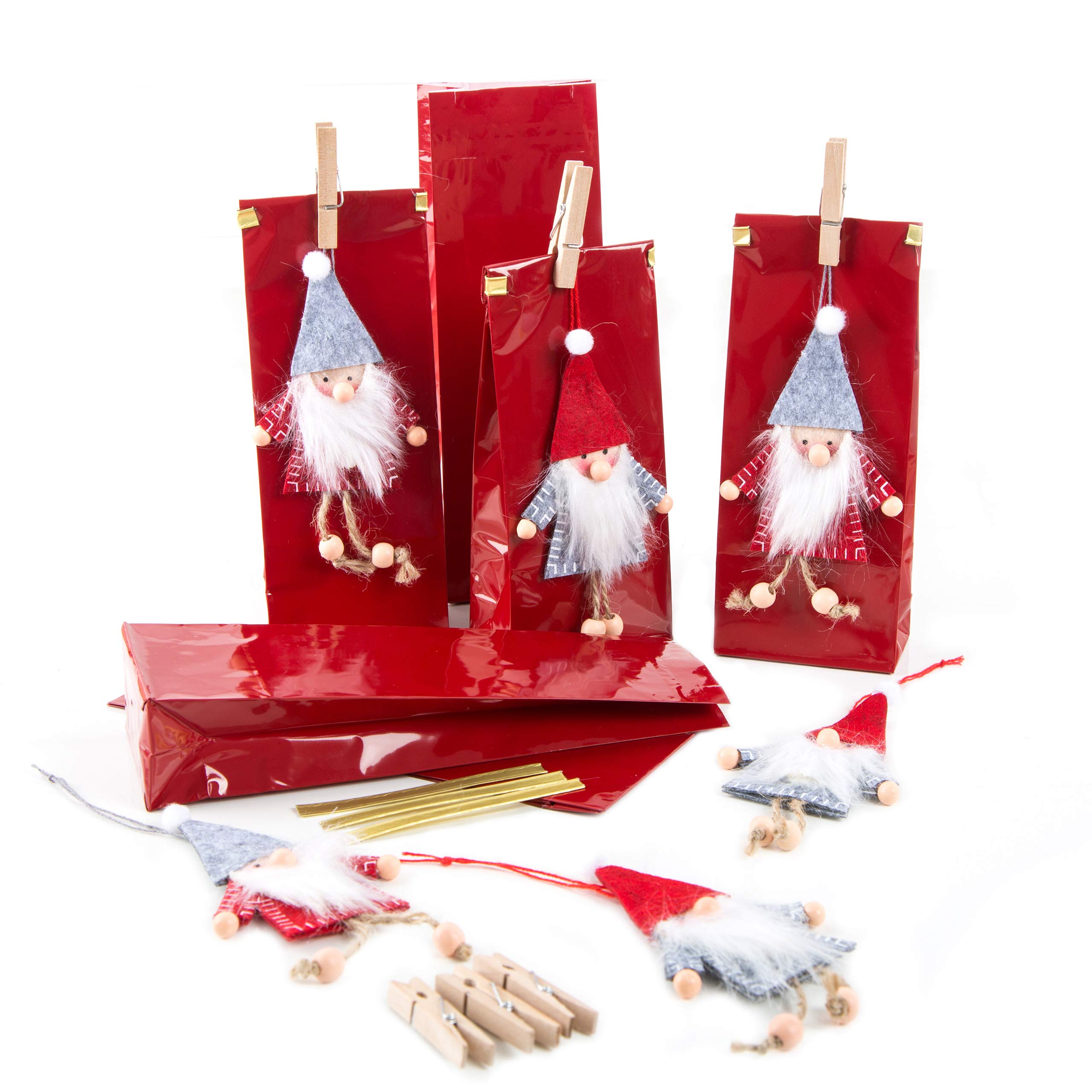 Logbuch-Verlag 6 Christmas Bags - Red Felt Gift Bags with Gnome Tags + Clip - Christmas Gift Packaging