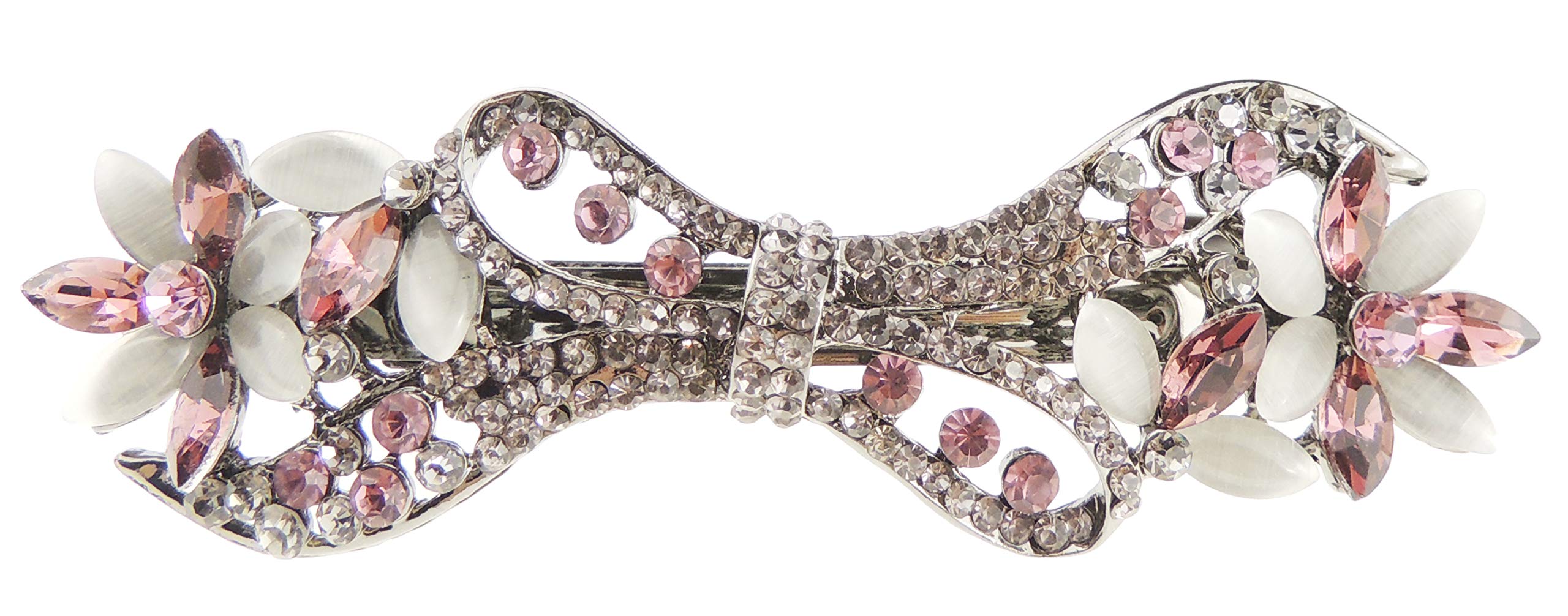 Womens Girls Crystal Rhinestone Diamante Wedding Birthday Party Evening Ponytail Fine Hair Accessories Occasion Barrette Hairpin Grip French Spring Clip 9cm Vintage Look Grey Bow Flower (Pink)