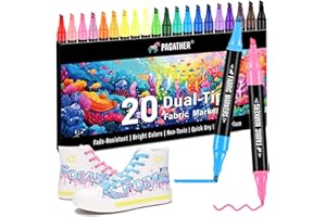 PAGATHER Fabric Markers Permanent for Clothes, 20 Colors Dual Tip with Fine and Chisel Tips Paint Pens for Clothing Canvas Tote Bags T-Shirt and Shoes, Non Toxic Ink for Kids and Adults