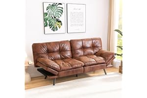 Hcore Convertible Futon Sofa Bed,Brown Leather Memory Foam Loveseat,Sofa Sleeper Small Euro Lounger Sofa for Compact Living Spaces,Apartment,Dorm,Studio,Guest Room