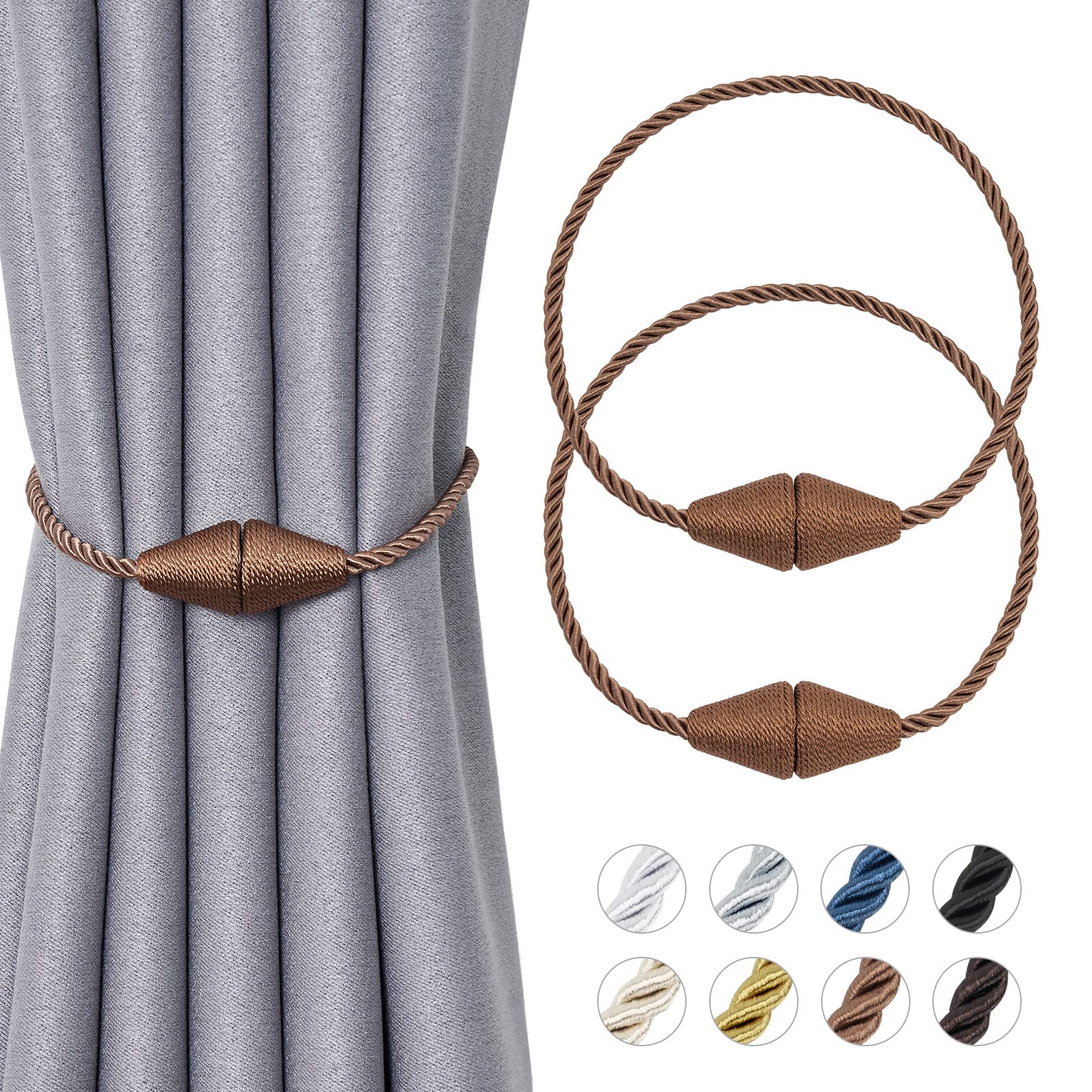 Pretty Jolly 2 Pack Upgrade Magnetic Curtain Tiebacks Handmade Weave Rope Curtain Holdbacks Convenient Decorative Cone Curtain Drape Tie Backs for Home & Office Window Drapery (New Light coffee)