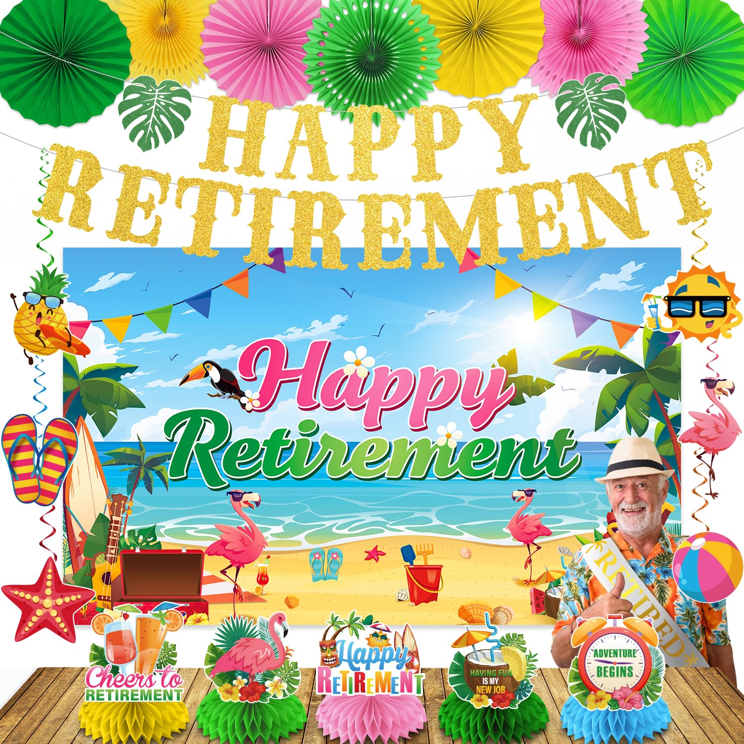 Photo 1 of Luau Hawaiian Retirement Party Decorations, 23Pcs Beach Retirement Party Happy Retire ment Banner Backdrop, Tropical Retire ment Decorations Honeycomb Centerpieces Hanging Swirls Paper Fans