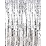 2 Pcs 3.2ft x 8.2ft Shiny Silver Metallic Tinsel Foil Fringe Curtains Photo Booth Backdrop for Birthday Wedding Holiday Celeb