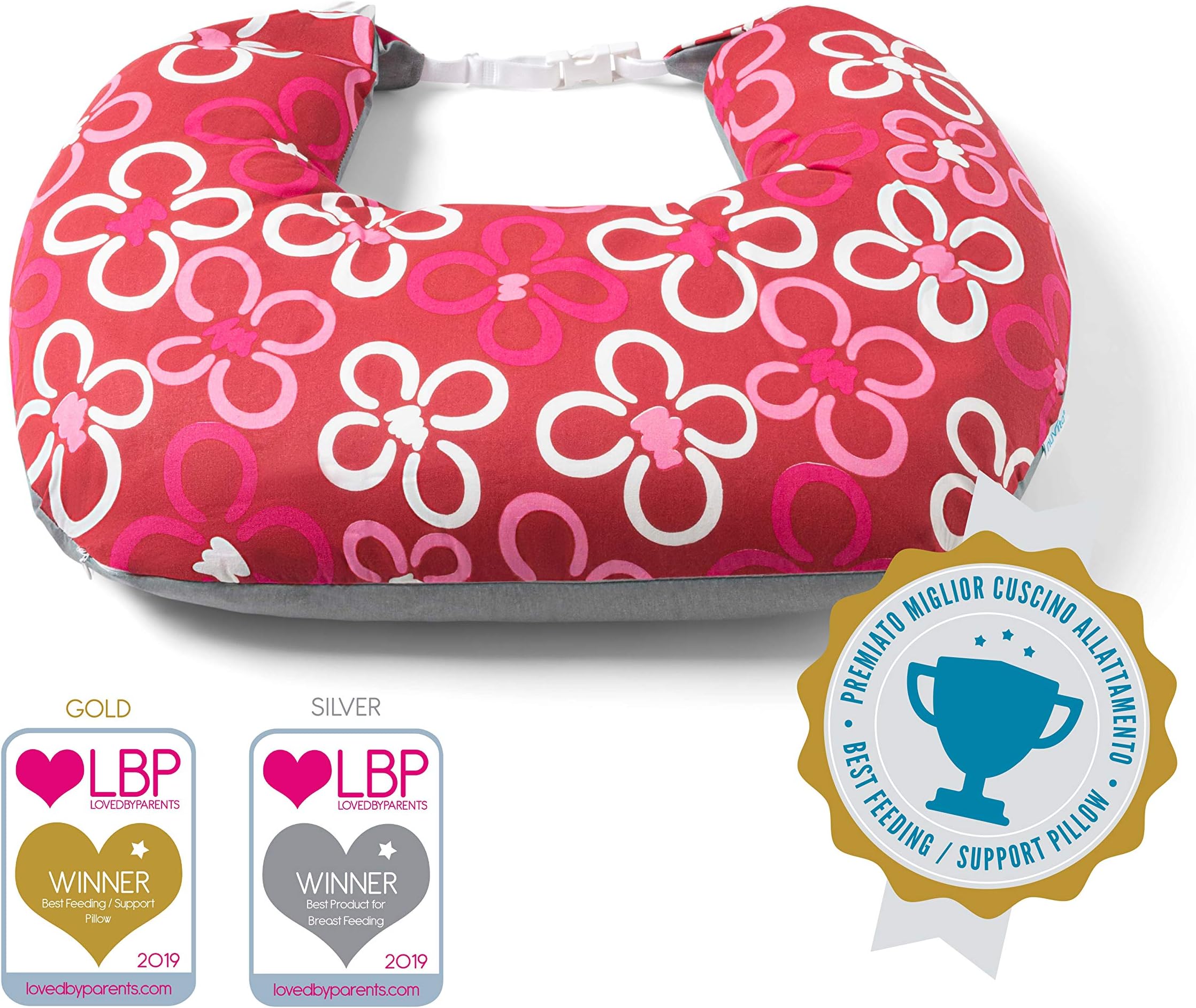 Nuvita FeedFriend 5300 Nursing Pillow - Baby Pillow ideal for Breastfeeding - Innovative Hands-Free Lock function - Filled with Microbeads – Anallergic – BPA and Phtalates Free - EU Brand (Burgundy)
