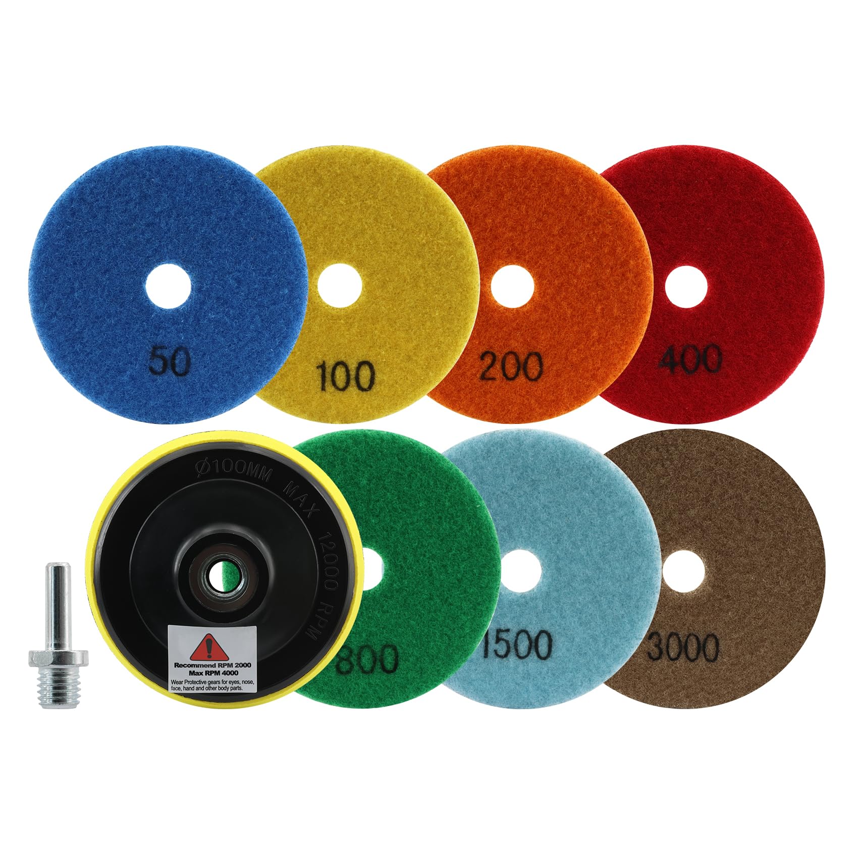 FOCSTOL Diamond Dry Polishing Pads - 7pcs 100mm (Grit 50-3000) Polishing Kit with M14 Backer for Granite Marble Artificial Stone Quartz for Angle Grinder