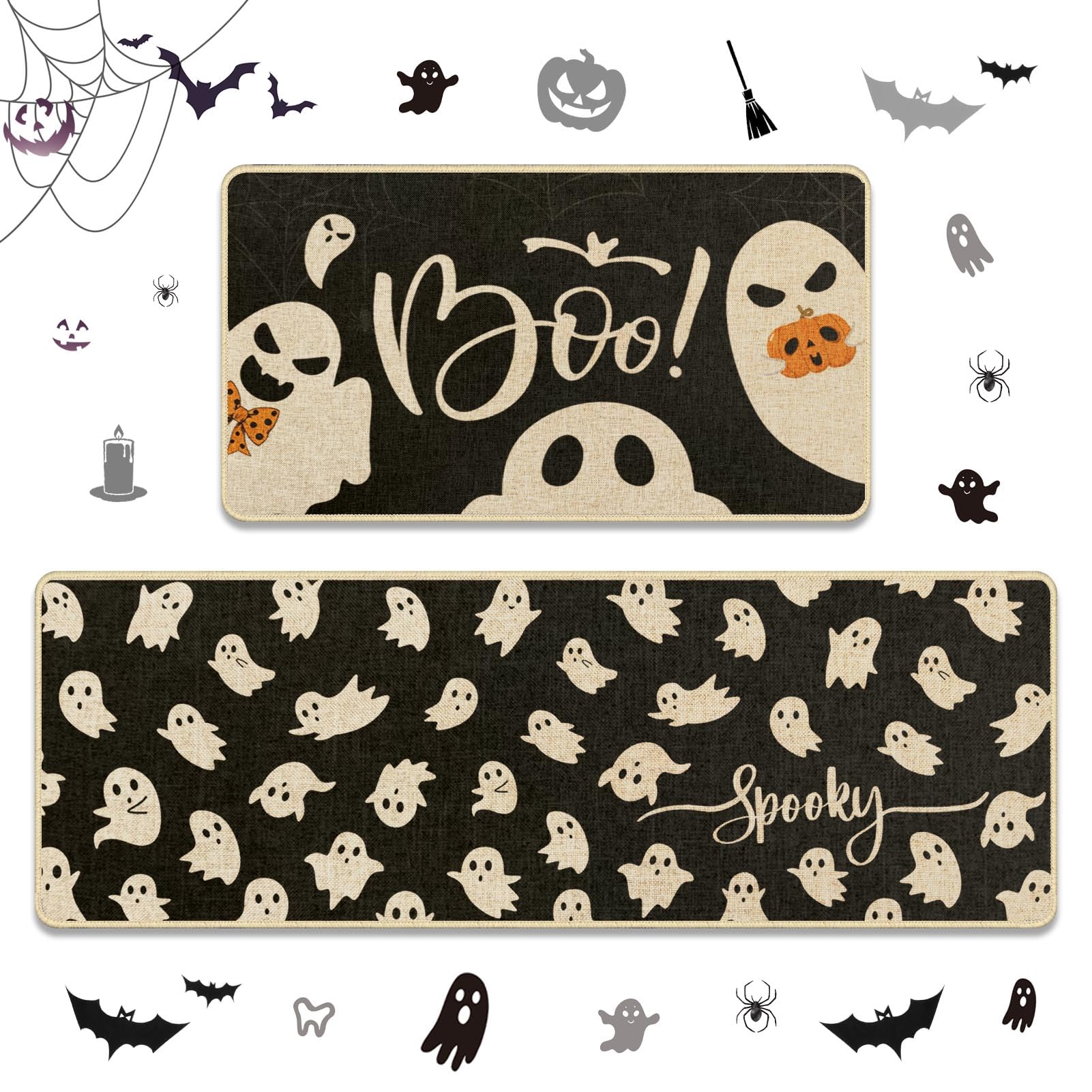 Photo 1 of Nesphy Halloween Cute Ghost Kitchen Rugs and Mats Non Skid Washable Set of 2, Horror Kitchen Mats for Floor Decor