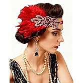 Tongcloud 1920s Flapper Feather Headband Roaring 20s Great Gatsby Feather Headpiece(Red, Medium)