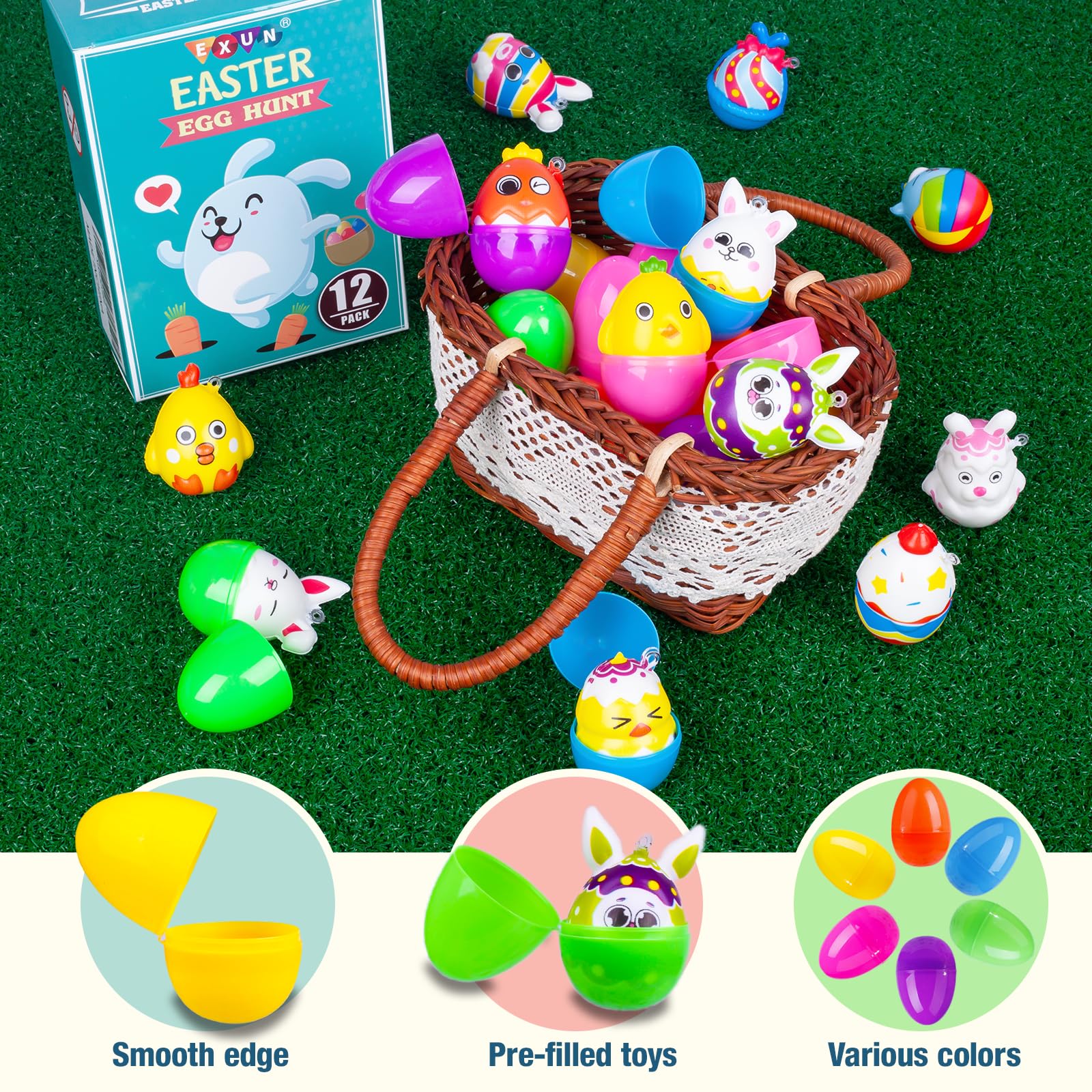 Exun 12 Pack Easter Eggs Filled with Squishy Toy - Mini Squishies Eggs Bunny Toys Inside for Easter Eggs Hunt, Easter Basket Stuffers/Fillers, Filling Treats, Party Favor, Classroom Prize Supplies