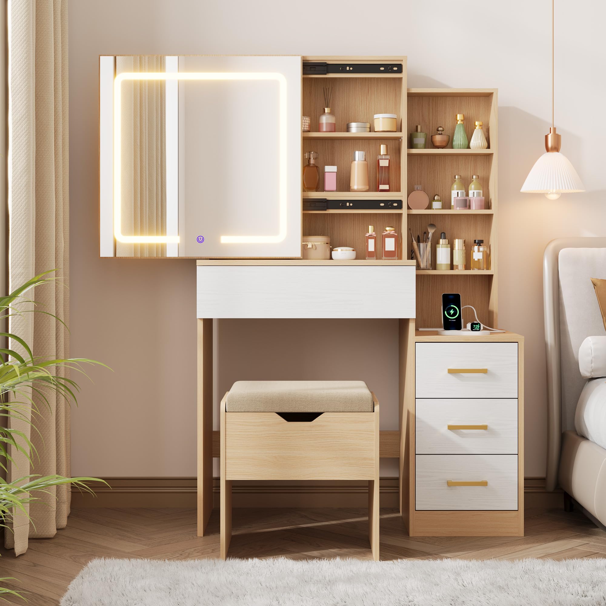 Photo 1 of MIRROR ONLY***************GarveeHome Makeup Vanity Desk with Sliding Mirror, Vanity Dressing Table with 3 Color Adjustable Lights, Girls Vanity Set with Stool, 4 Compact Vanity Drawers, Power Outlet, Natural