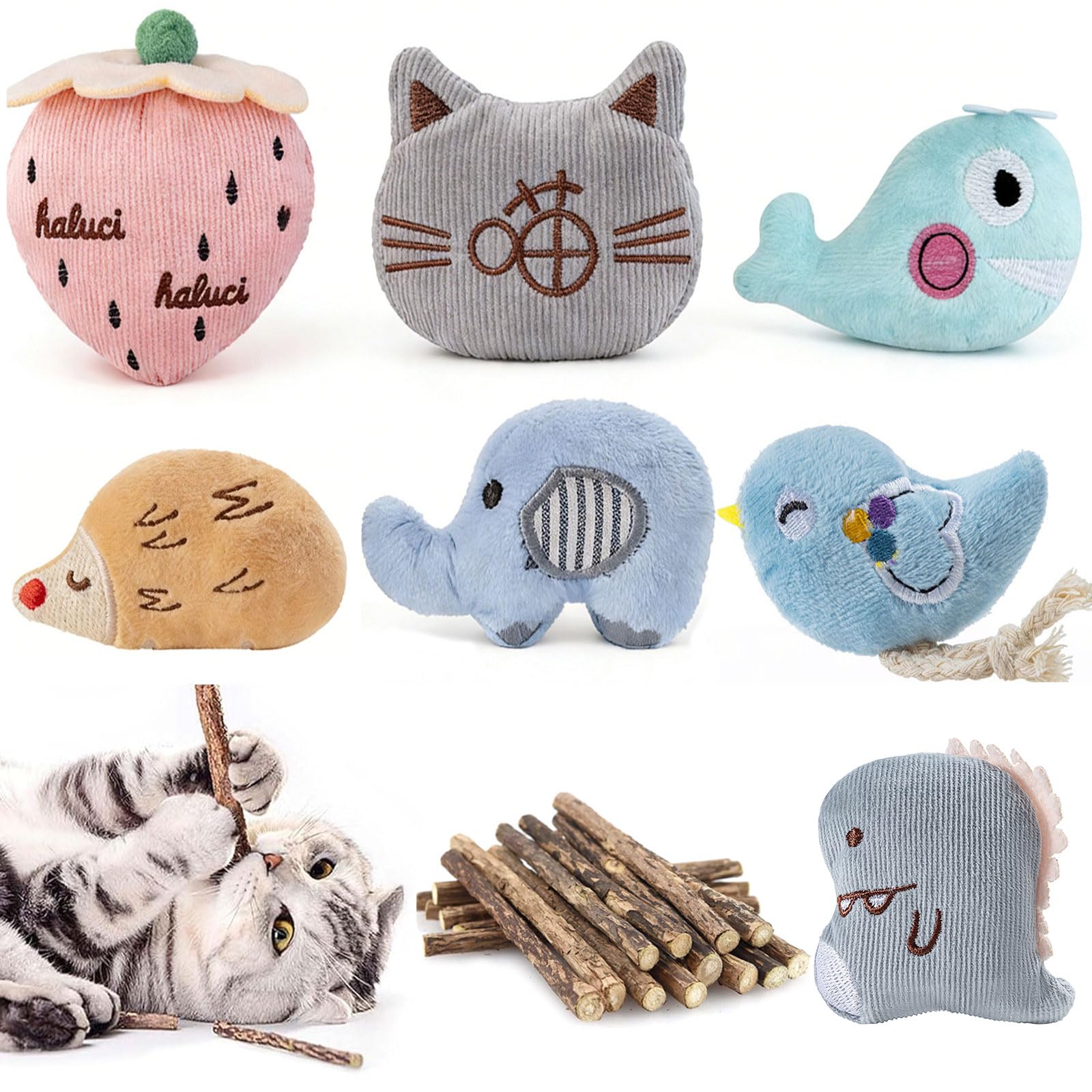 SeaMorn Cat Toys, 30 PCS Cat Silvervine Chew Sticks, 7 PCS Cat Catnip Toys for Indoor Cats Adult Kitten, Catnip Crinkle Sound, for Teeth Cleaning Interactive Toy Pillow