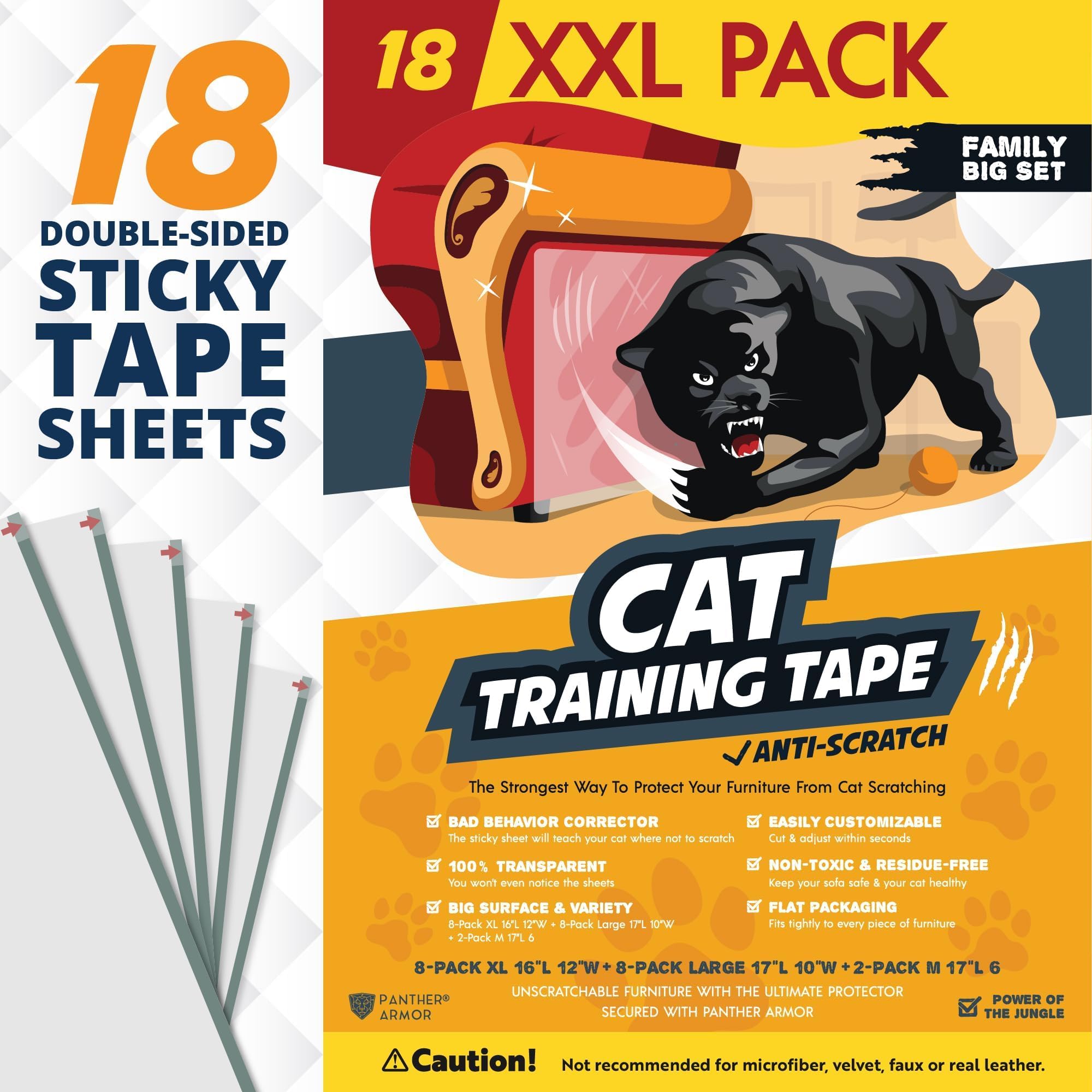 Photo 1 of 18 Pack Cat Scratch Furniture Protector Tape Sheets – Double-Sided Sticky Training (8 XL, 8 Large, 2 Medium) – Anti-Scratch Couch & Sofa Guard – Clear – Not for Leather, Velvet, Microfiber
