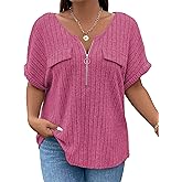Veeiid Womens Plus Size Short Sleeve Zipper V Neck Tops Solid Color Tunic Shirts Summer 2XL-5XL
