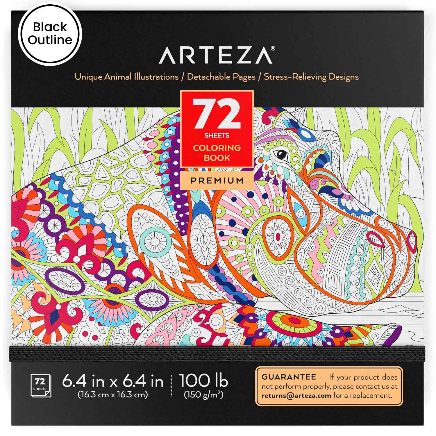 Arteza Animal Colouring Book for Adults, Black Outlines, 72 Relaxing Colouring Pages for Relieving Stress and Anxiety for Adults and Teens, Encourages Meditation, Promotes Mindfulness