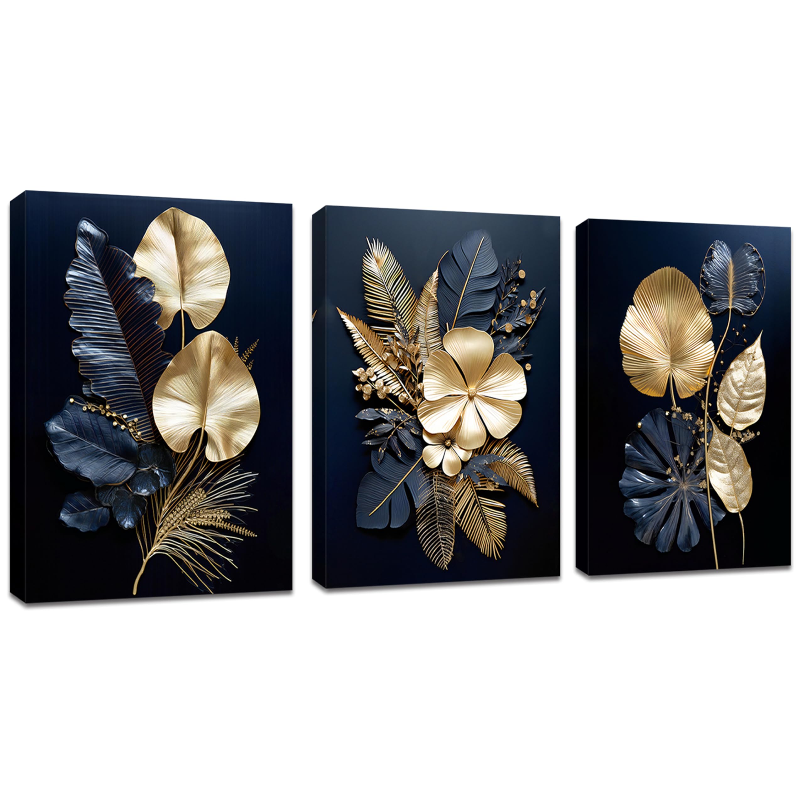 FajerminArt 3 Panels Modern Canvas Wall Art Navy Blue Gold Flowers Coconut Leaves Pictures Painting on Canvas Prints for Living Room Bedroom Office Wall Decoration Stretched On Frame 30x40cmx3 Pcs — image 1
