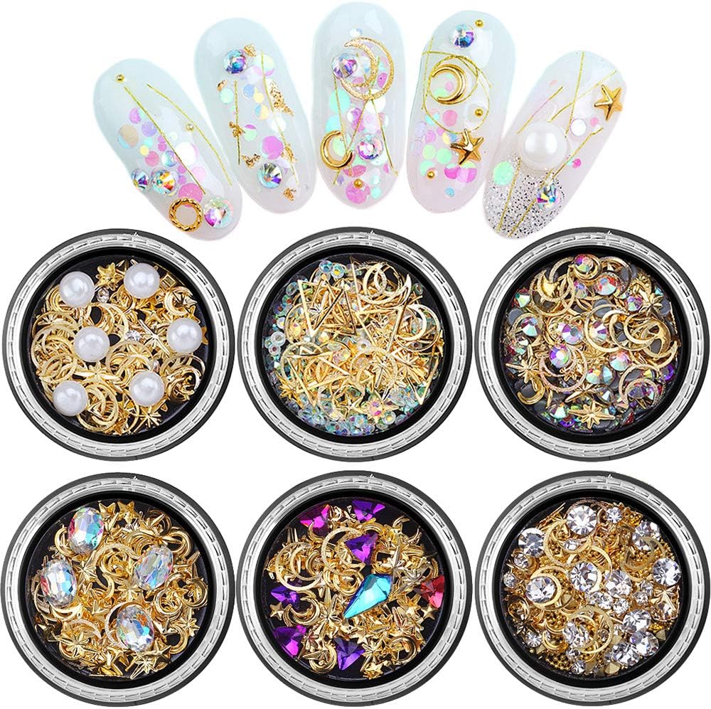 Nail Art Studs Gems 3D Nail Art Rhinestones Gold Decals 6 Boxes Mixed Patterns of Stars Moons Triangle Rivets Diamonds for Women Manicure Wraps Fingernail Tips Decorations Accessories & Supplies