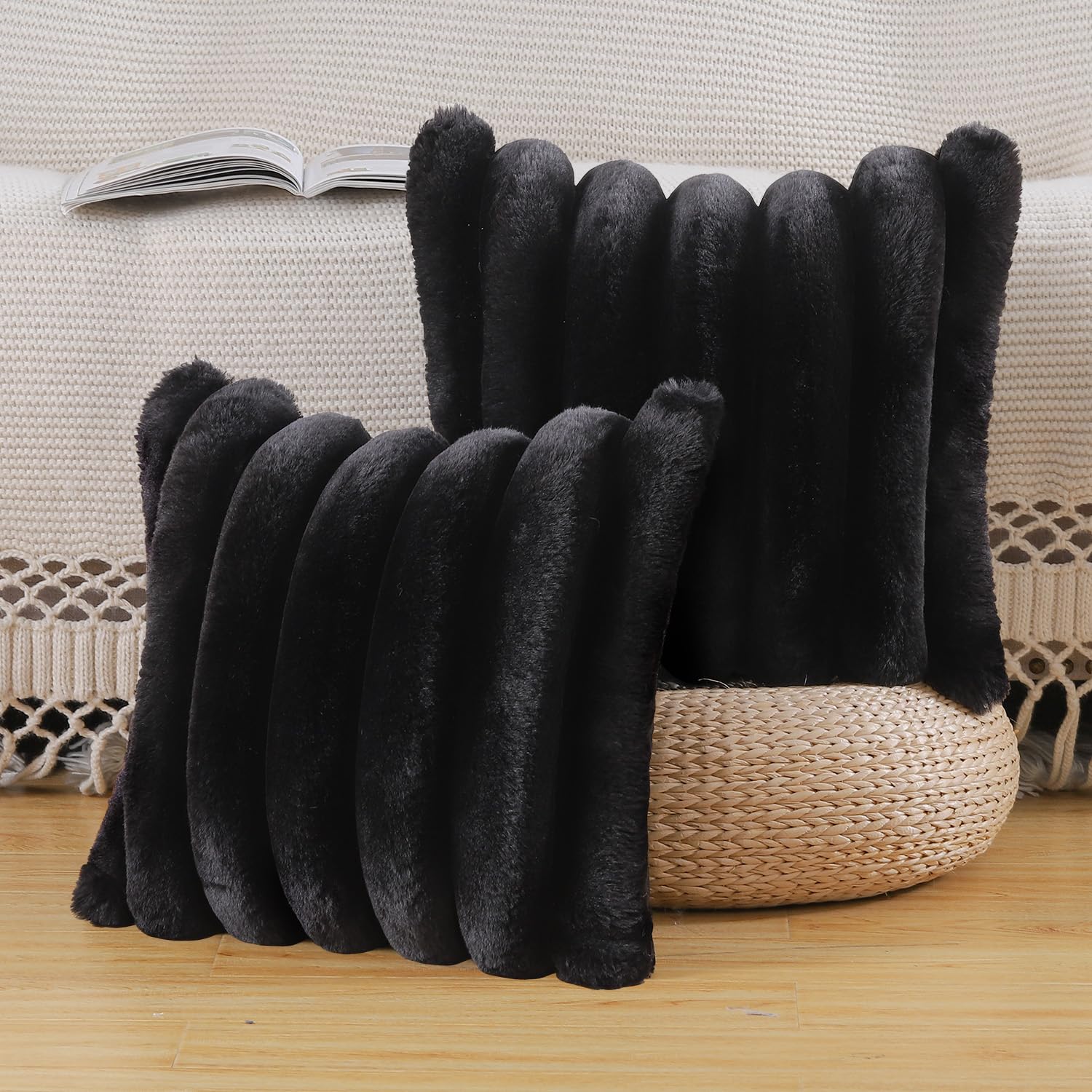 Madizz Plush Faux Fur Throw Pillow Covers 22x22 inch, 55x55 cm Black Set of 2 Fluffy Striped Soft Decorative Cushion Cover for Sofa Bedroom Pillow Shell โ image 1