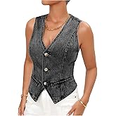 MakeMeChic Women's Jean Vest Top Y2k V Neck Sleeveless Denim Top Single Breasted Crop Jacket Cowboy Chic