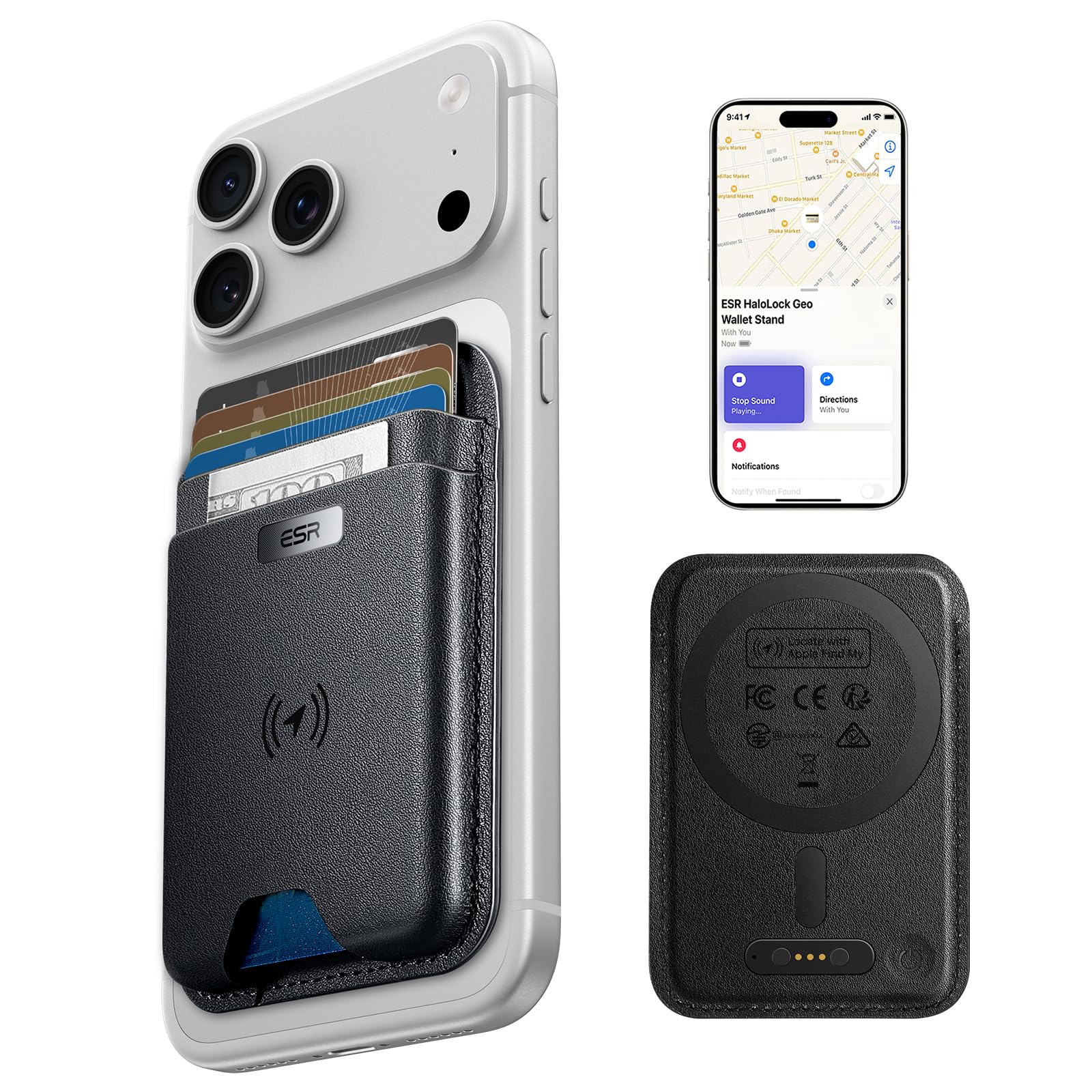 Photo 1 of ESR Geo for MagSafe Wallet with Full Find My Functionality, RFID Blocking, 5 Cards Holder for Phone Case, Strong Magnetic Wallet for iPhone 17/16/15/14/13/12 Series, Not for 13/12 Mini, Black