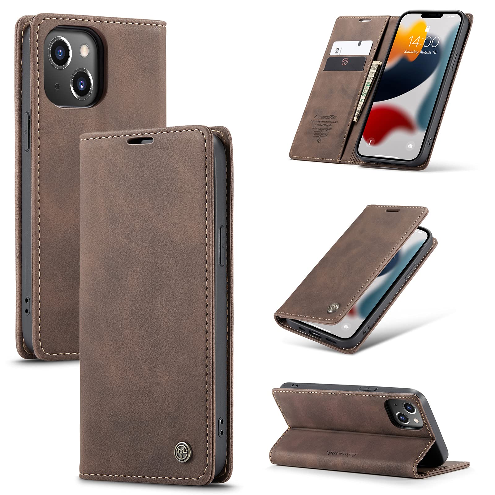 UFinetech Case for iPhone 13, Shockproof Anti-scratch Cover Compatible with iPhone 13 (6.1”), Leather TPU Slim Soft Flip Folio Magnetic Closure Kickstand Card Holder Wallet Camera Protector, Coffee