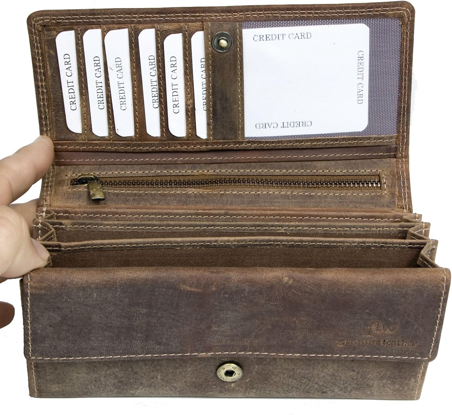 Women's Genuine Leather Wallet with Partial Ornamental Stamping, Brown - Image 4
