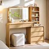 50&rdquo; Modern Vanity Desk with Mirror and Lights with Charging Station Natural | Makeup Vanity with 35.43" Smart LED Mirror and 5 Drawers &amp; Storage Shelves, Wooden Makeup Table for Women and Girls, Bedroom