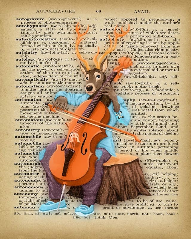 Dictionary Wall Art Prints - Whimsical Deer Playing Cello - Musical Cellist Gift Idea for House Warming Christmas Holidays - Decor Vintage Print Dictionary Wall Art Pictures Paintings UnFramed…