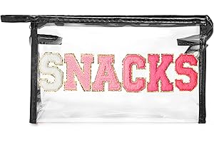 Y1tvei Large Clear SNACKS Pouch - Preppy Patch Rose Red Chenille Varsity Letter PVC Transparent Extra Large Cosmetic Makeup Bag Portable Waterproof Travel Organizer Toiletry Bag for Women(Black)